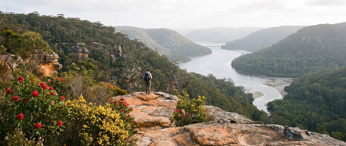 Walker on a sandstone ledge above the Hawkesbury River on the Great North Walk, with waratah and yellow heath in flower and the rail bridge in the distance