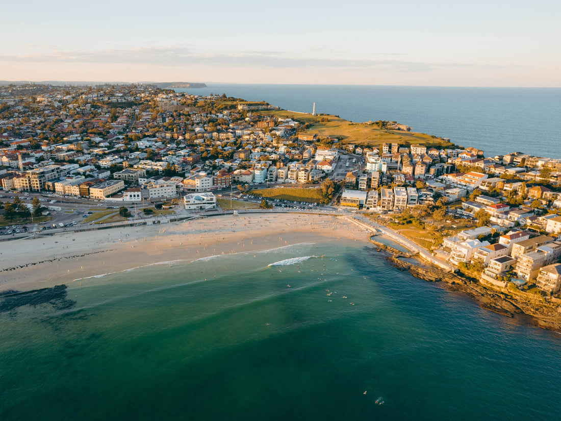 Aerial view of a surf town on the Australian coast
