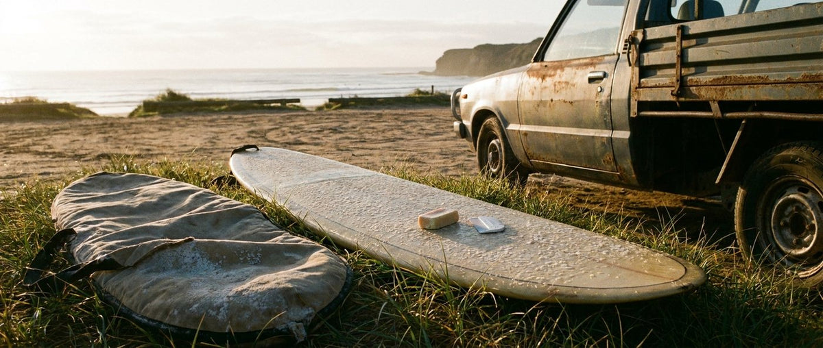 Freshly waxed surfboard lying in beach grass with a block of surf wax and a wax comb on the deck, board bag and ute alongside at sunrise