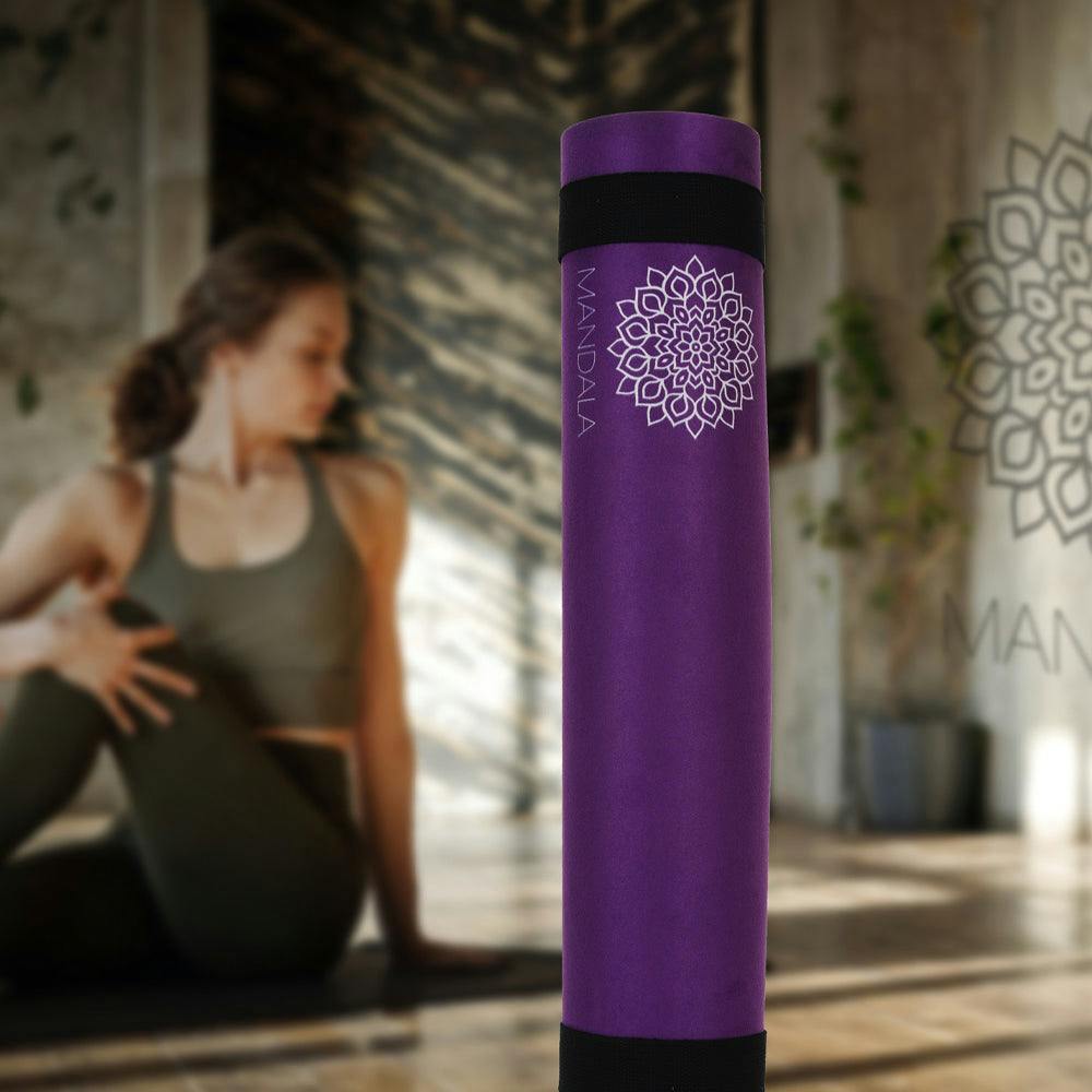 Mandala Yoga Mat Premium Bundle, Includes Yoga Mat 188cm H x 61cm W, Yoga Strap & Steel Hydration Bottle - Purple