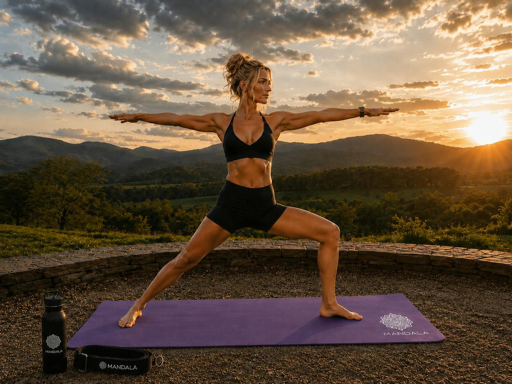 Mandala Yoga Mat Premium Bundle, Includes Yoga Mat 188cm H x 61cm W, Yoga Strap & Steel Hydration Bottle - Purple