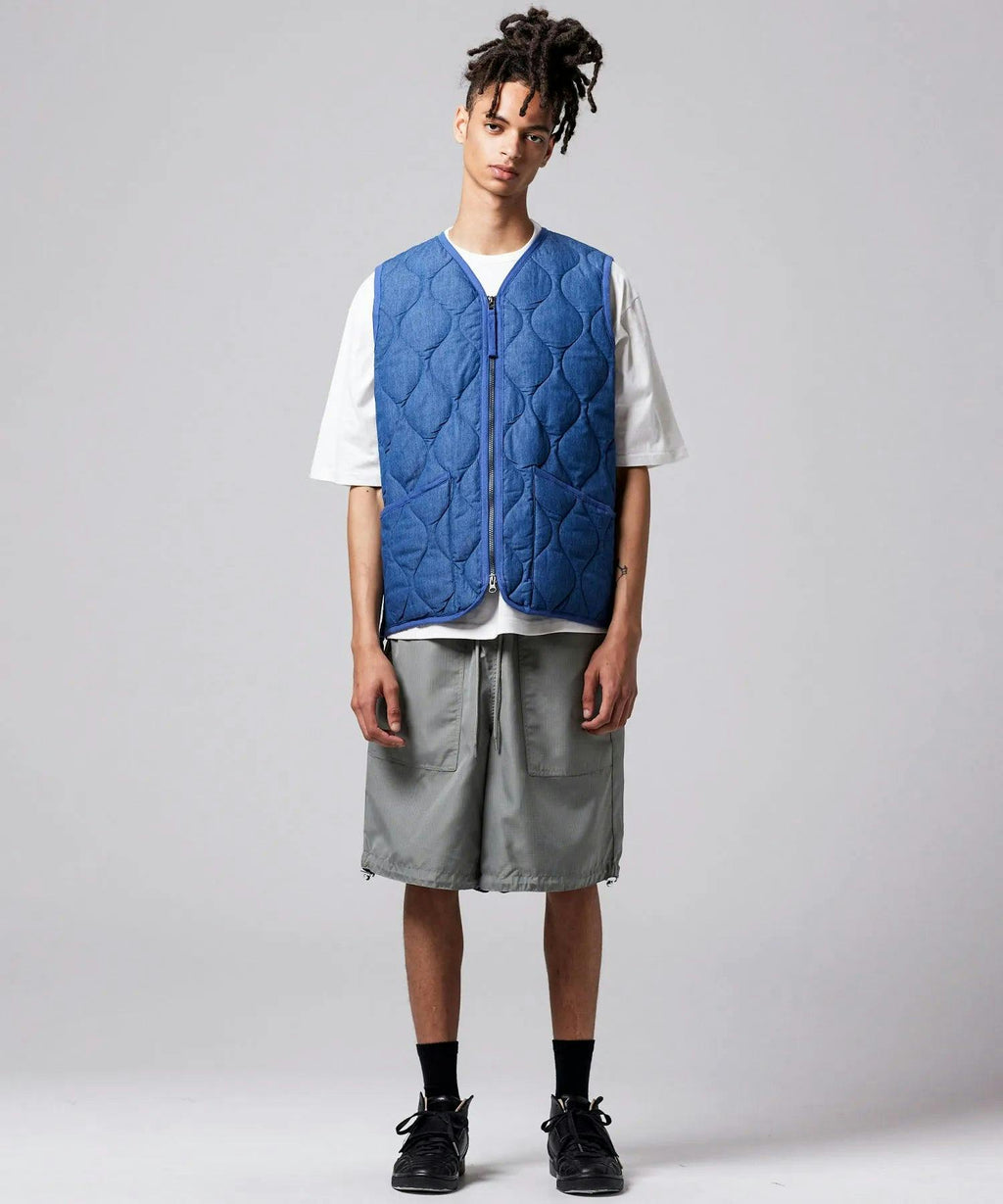 TAION Military Zip V-Neck Down Vest in Indigo Denim