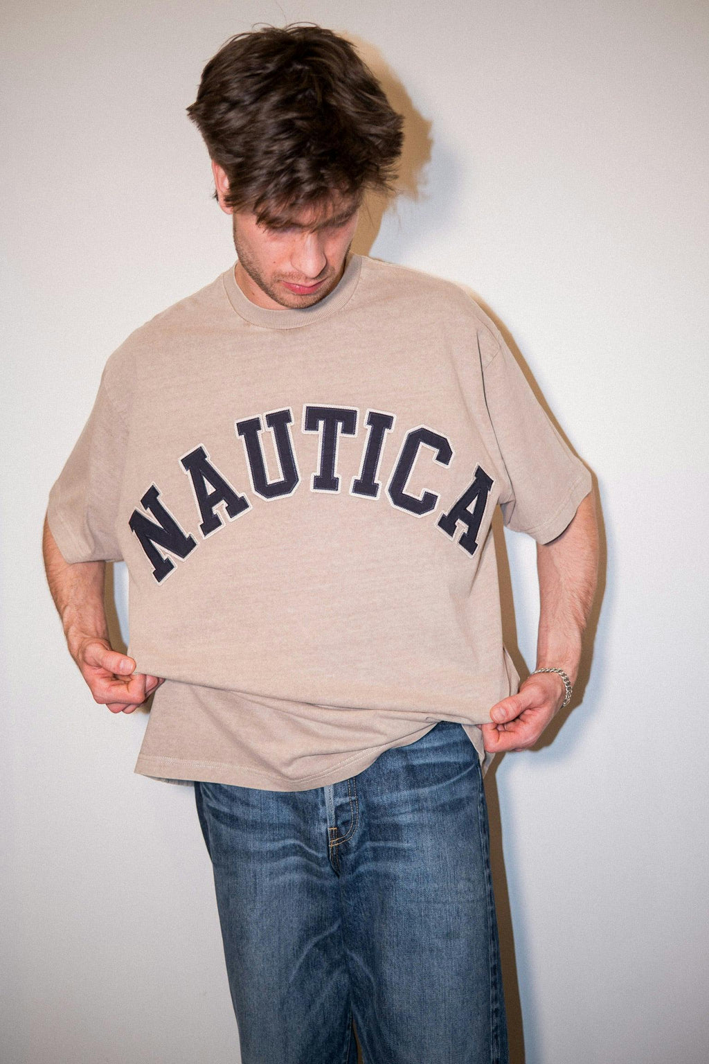 Nautica Japan Arch Logo Pigment Dyed Tee in Beige