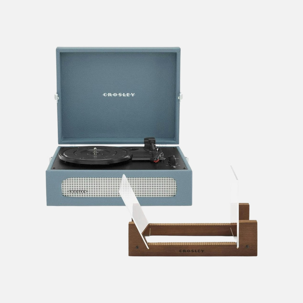 Crosley Voyager Bluetooth Portable Turntable + Bundled Crosley Record Storage Display Stand - Washed Blue