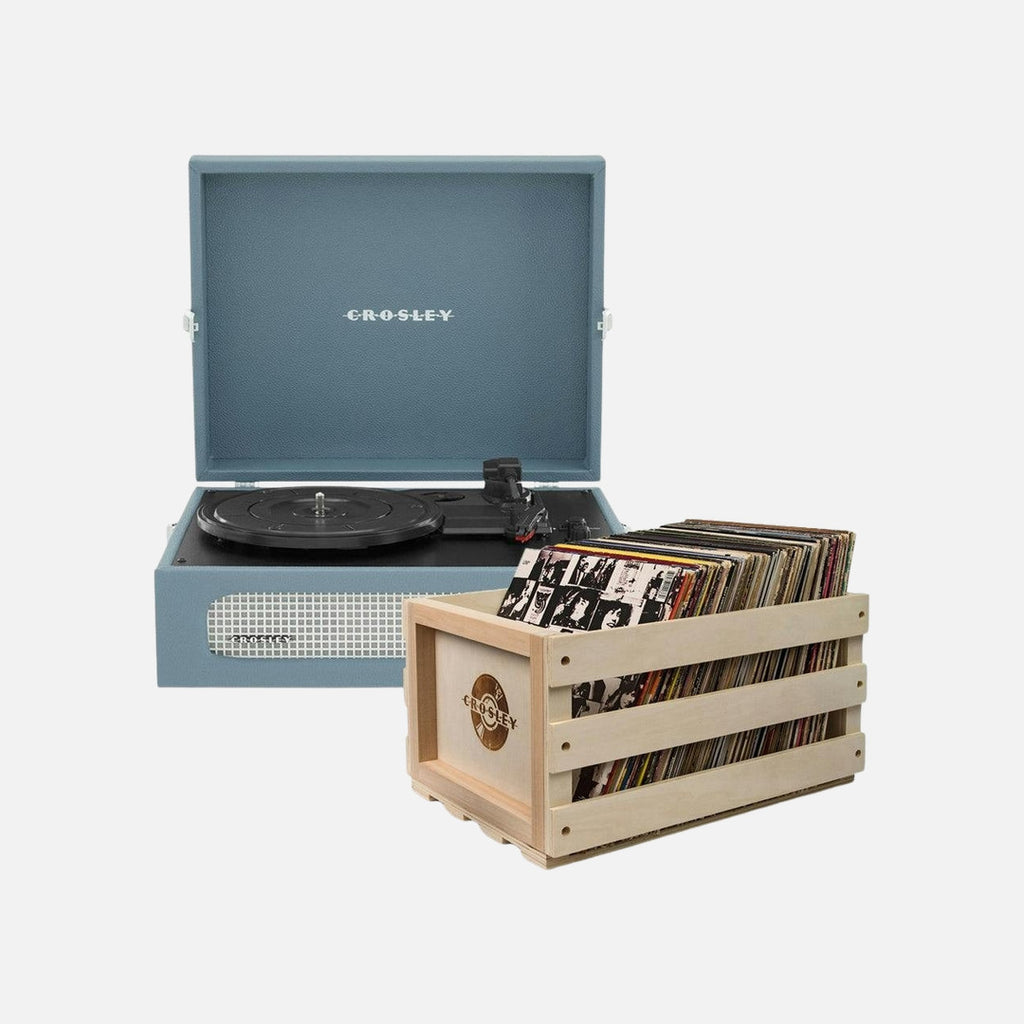 Crosley Voyager Bluetooth Portable Turntable + Bundled Record Storage Crate - Washed Blue