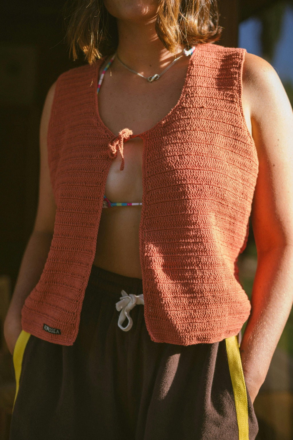 Crochet Tie Vest in Rust