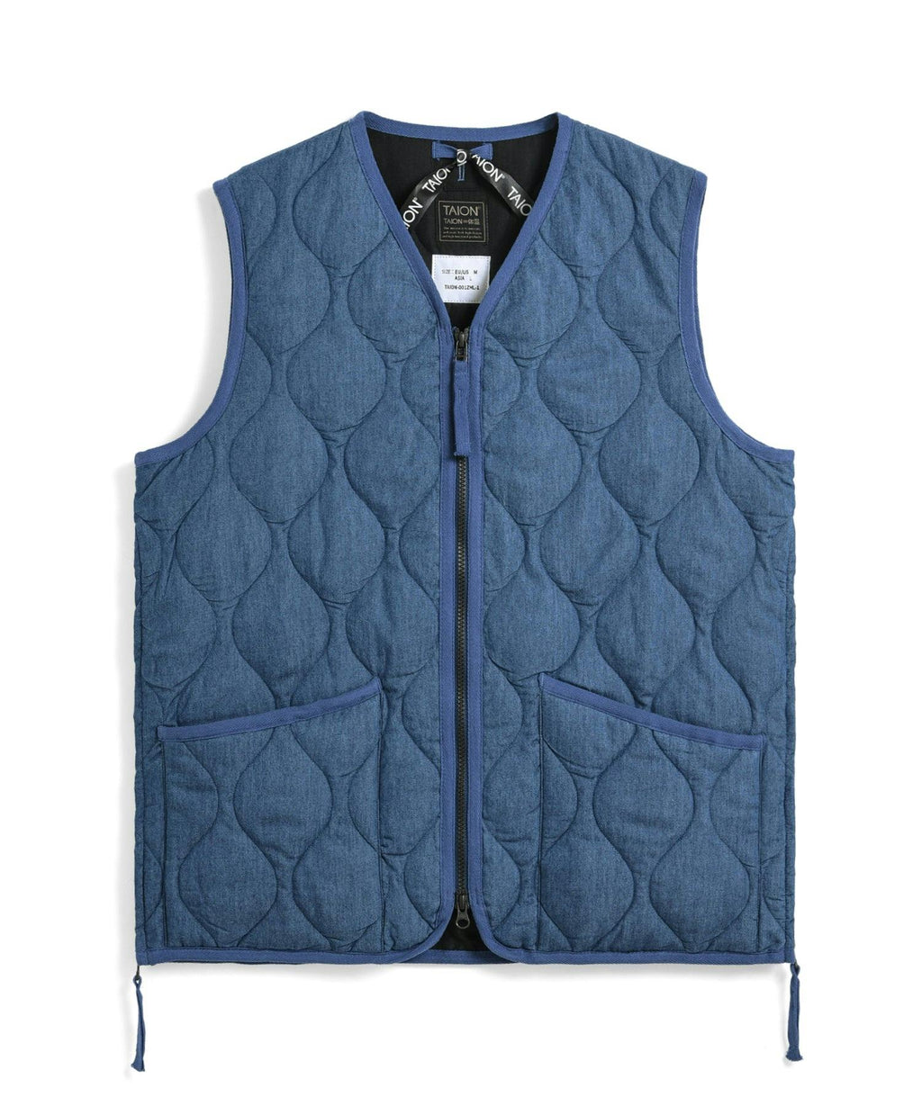 TAION Military Zip V-Neck Down Vest in Indigo Denim