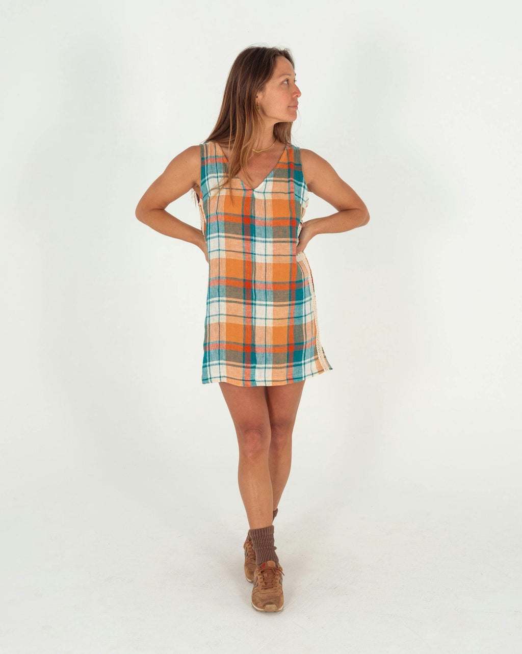 Karina V Neck Mini Dress in Citrus/ Teal Check