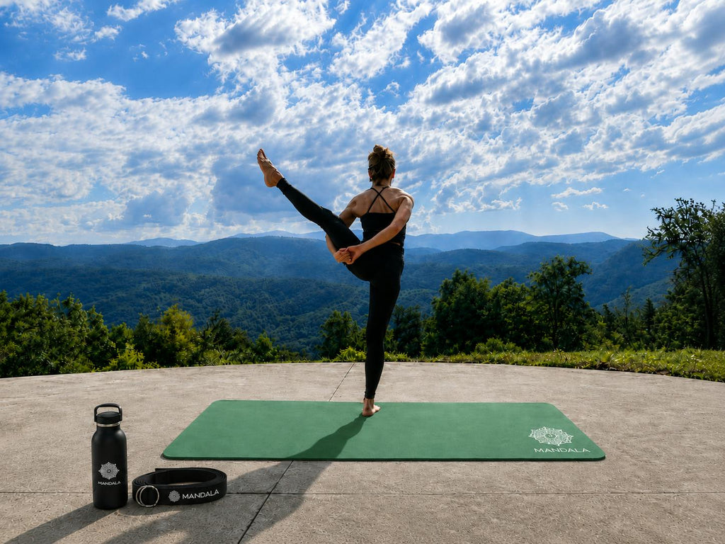 Mandala Yoga Mat Premium Bundle, Includes Yoga Mat 188cm H x 61cm W, Yoga Strap & Steel Hydration Bottle - Jade Green