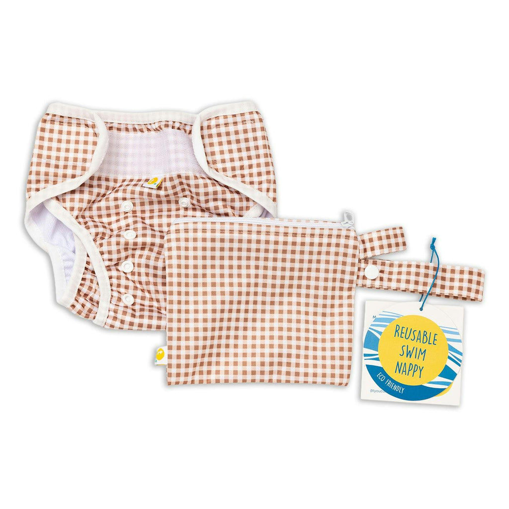 Adjustable Reusable Swim Nappy and Wet Bag - Fawn Gingham Check