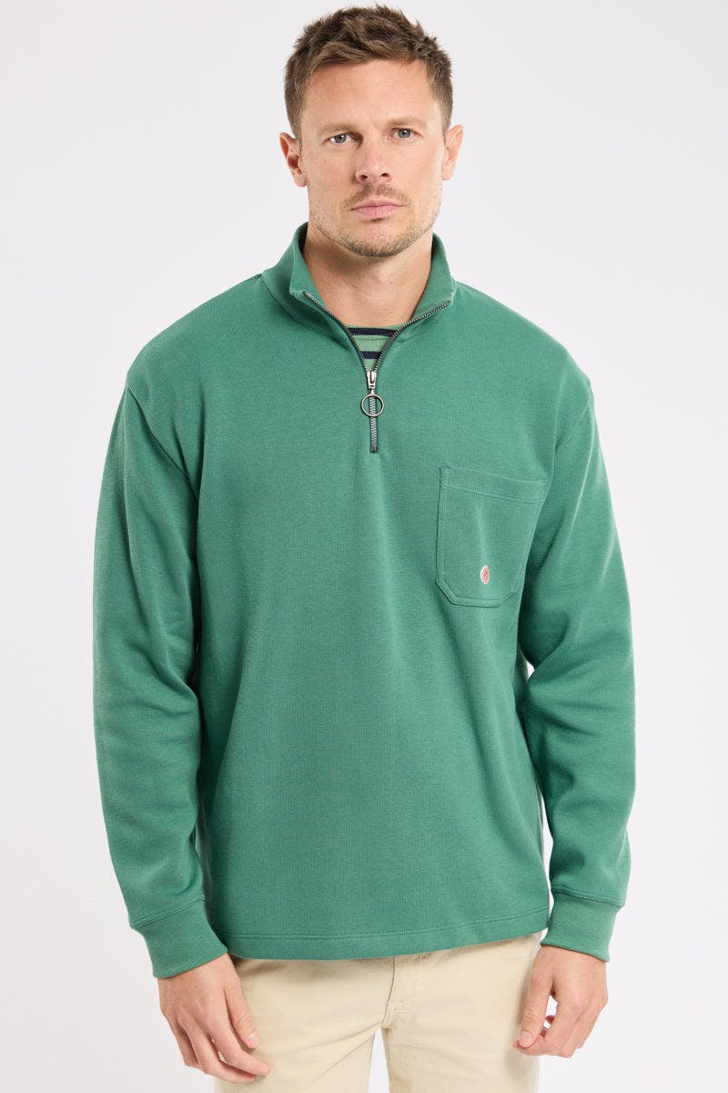 Armor Lux Heritage Cotton Quarter Zip in Dark Ivy Green