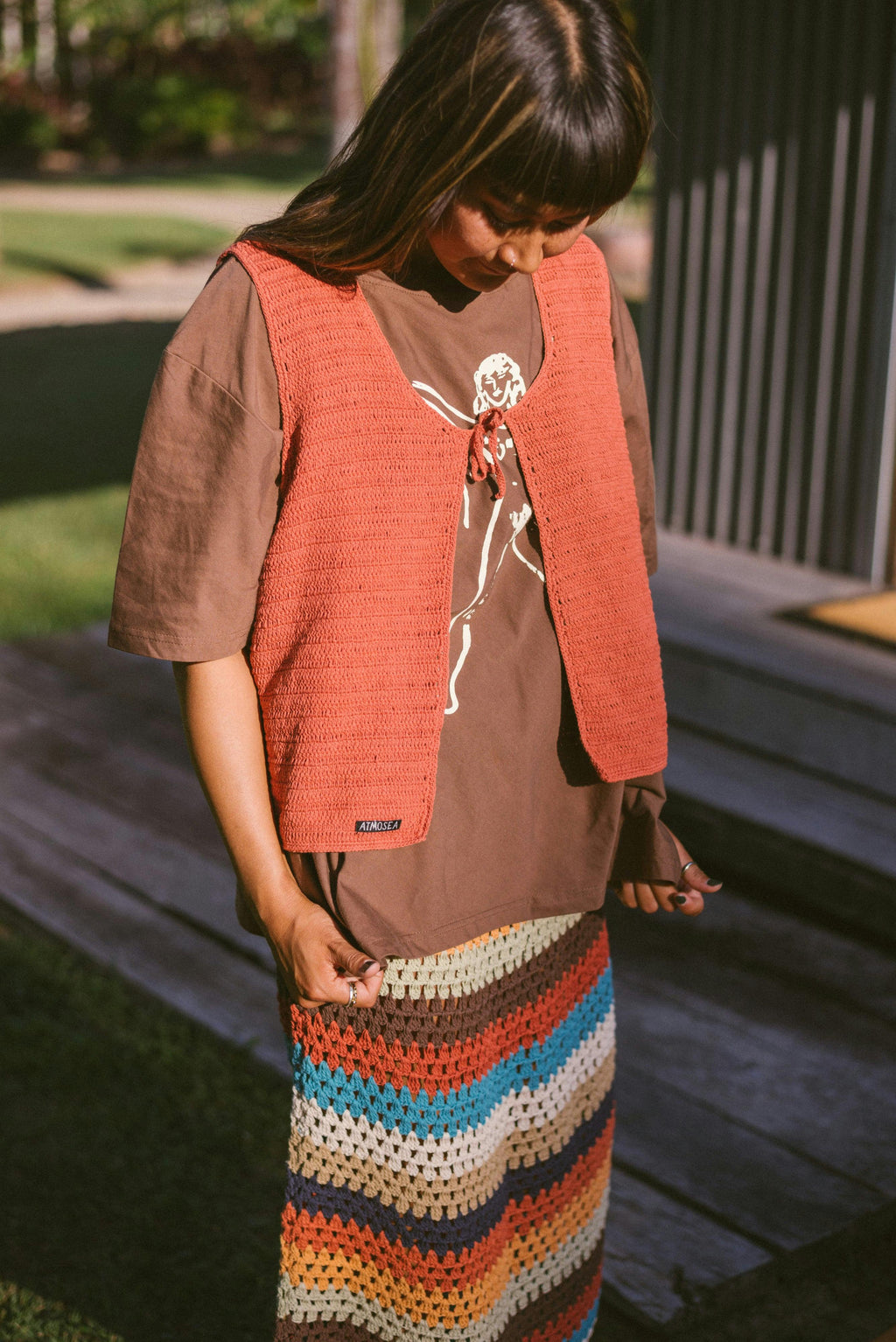Crochet Tie Vest in Rust