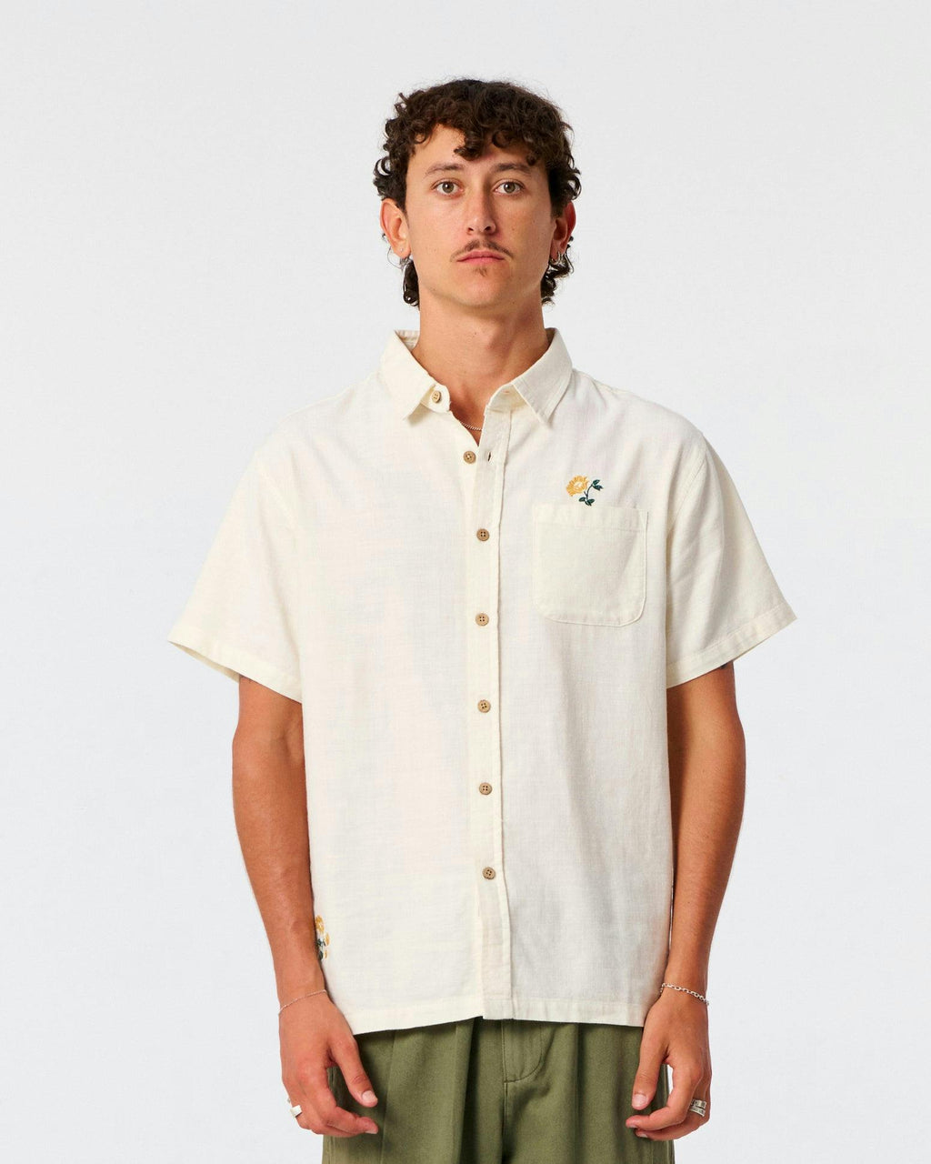 Peace Flower Embroidery Shirt - Ecru