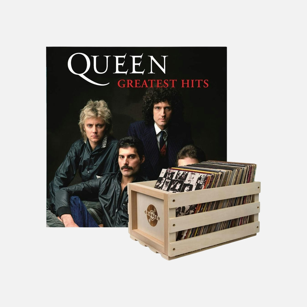 Crosley Record Storage Crate & Queen Greatest Hits - Double Vinyl Album Bundle