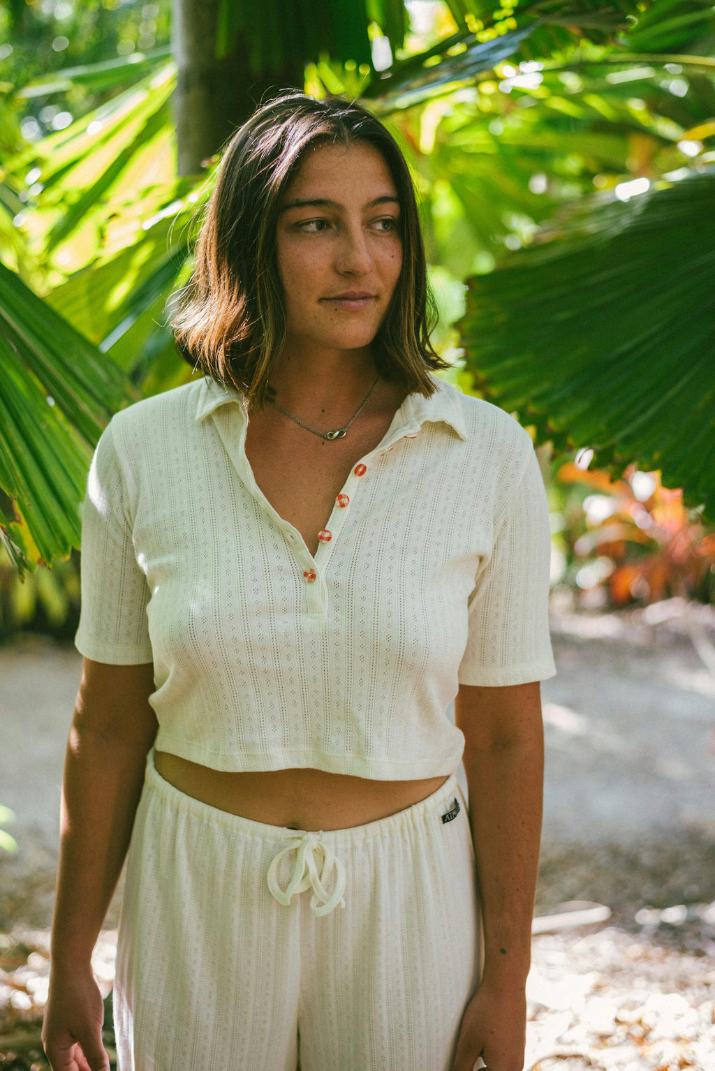 Beach PJ Collar Tee in Cream Pointelle