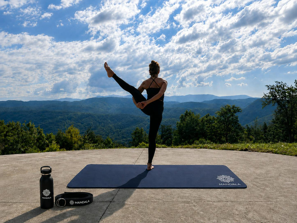 Mandala Yoga Mat Premium Bundle, Includes Yoga Mat 188cm H x 61cm W, Yoga Strap & Steel Hydration Bottle - Midnight Blue
