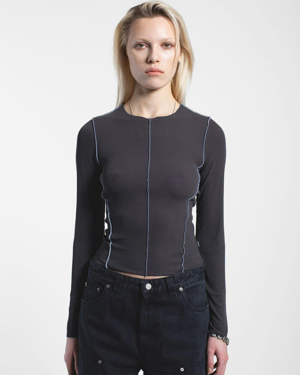 Nicola Long Sleeve Rib Top – Asphalt Contrast