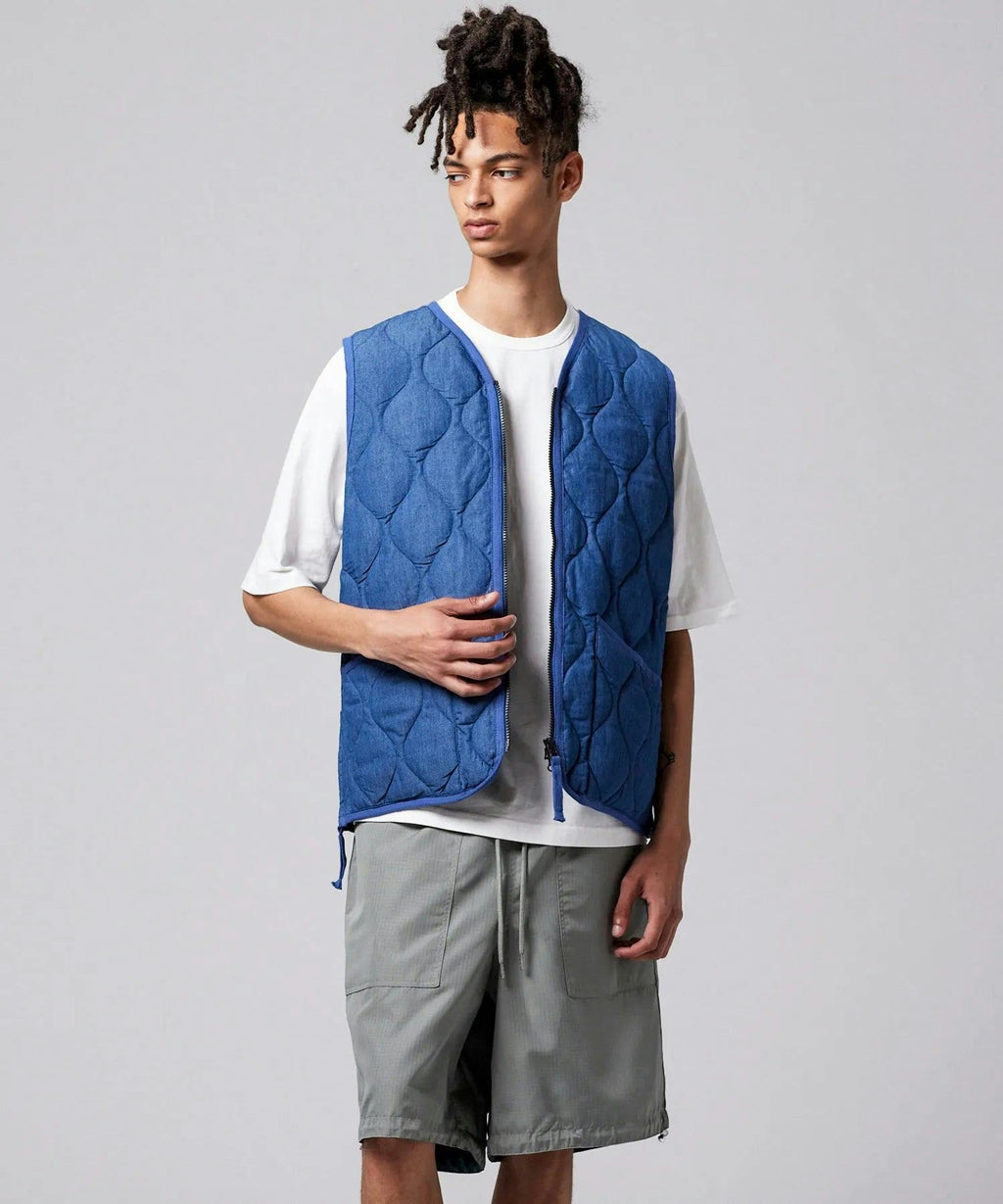 TAION Military Zip V-Neck Down Vest in Indigo Denim