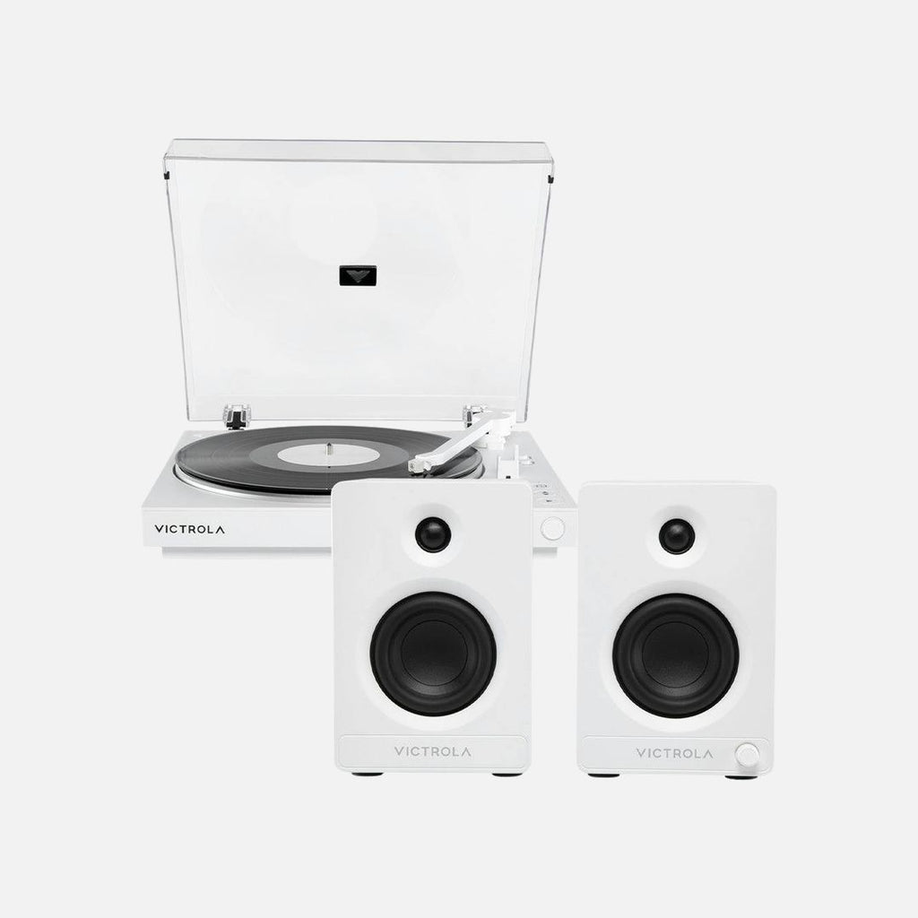Victrola Automatic Turntable + Victrola Tempo Bookshelf Speakers Bundle - White