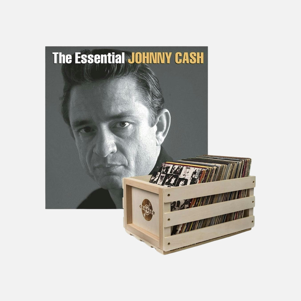 Crosley Record Storage Crate Johnny Cash The Essential Johnny Cash Vinyl Album Bundle