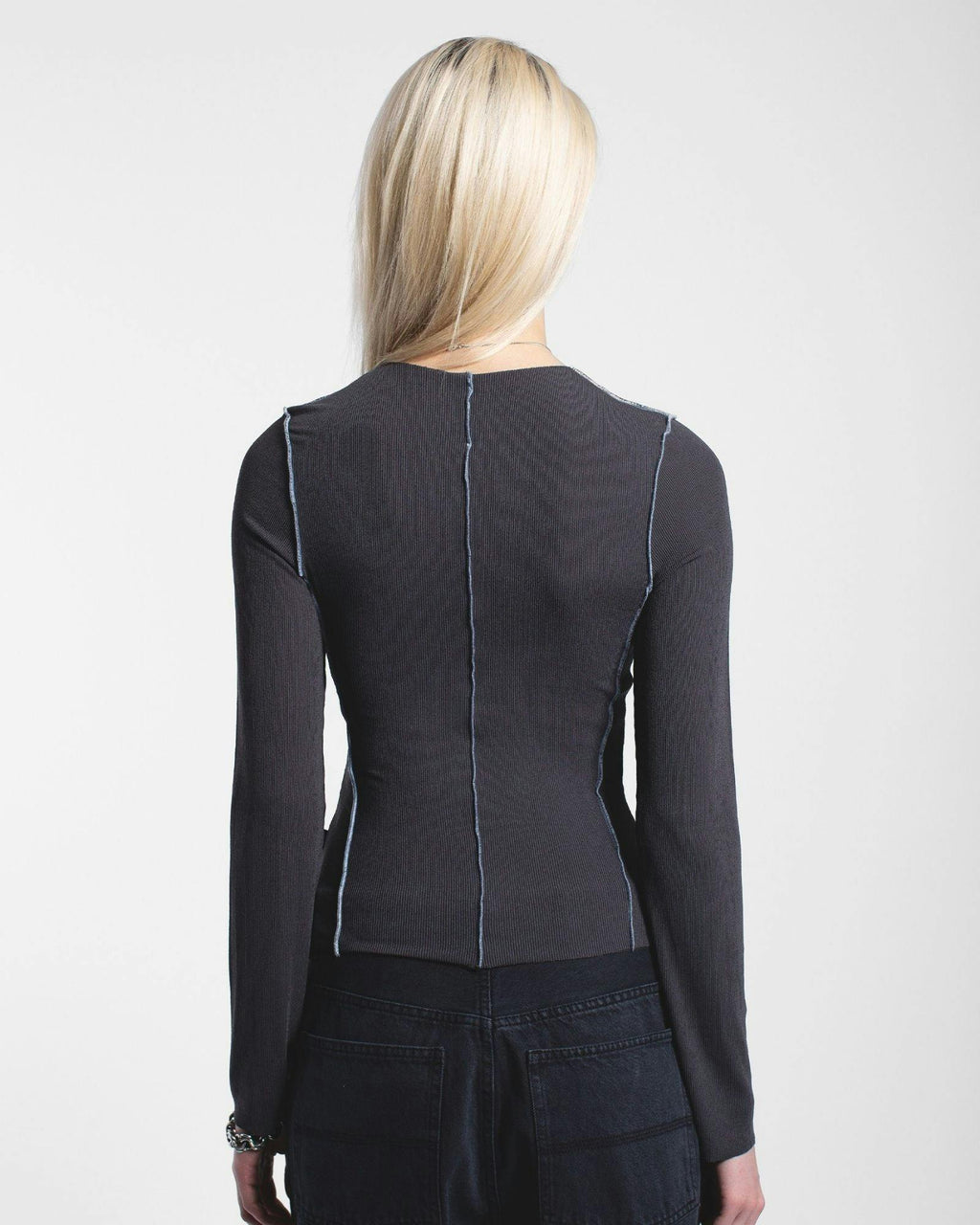 Nicola Long Sleeve Rib Top – Asphalt Contrast