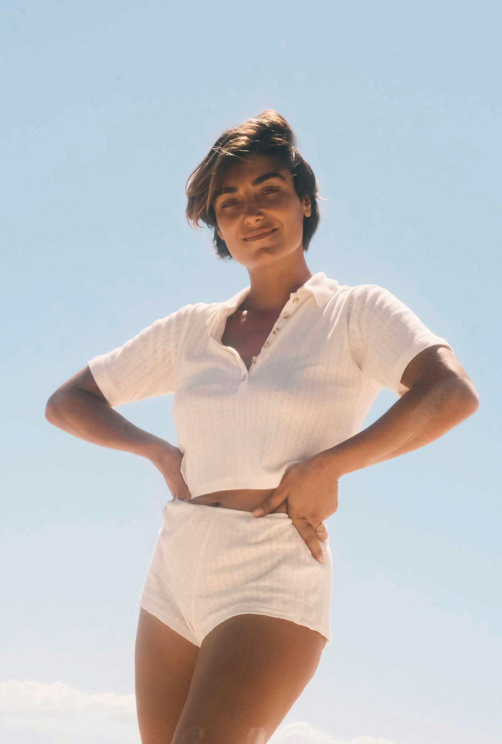 Beach PJ Collar Tee in Cream Pointelle