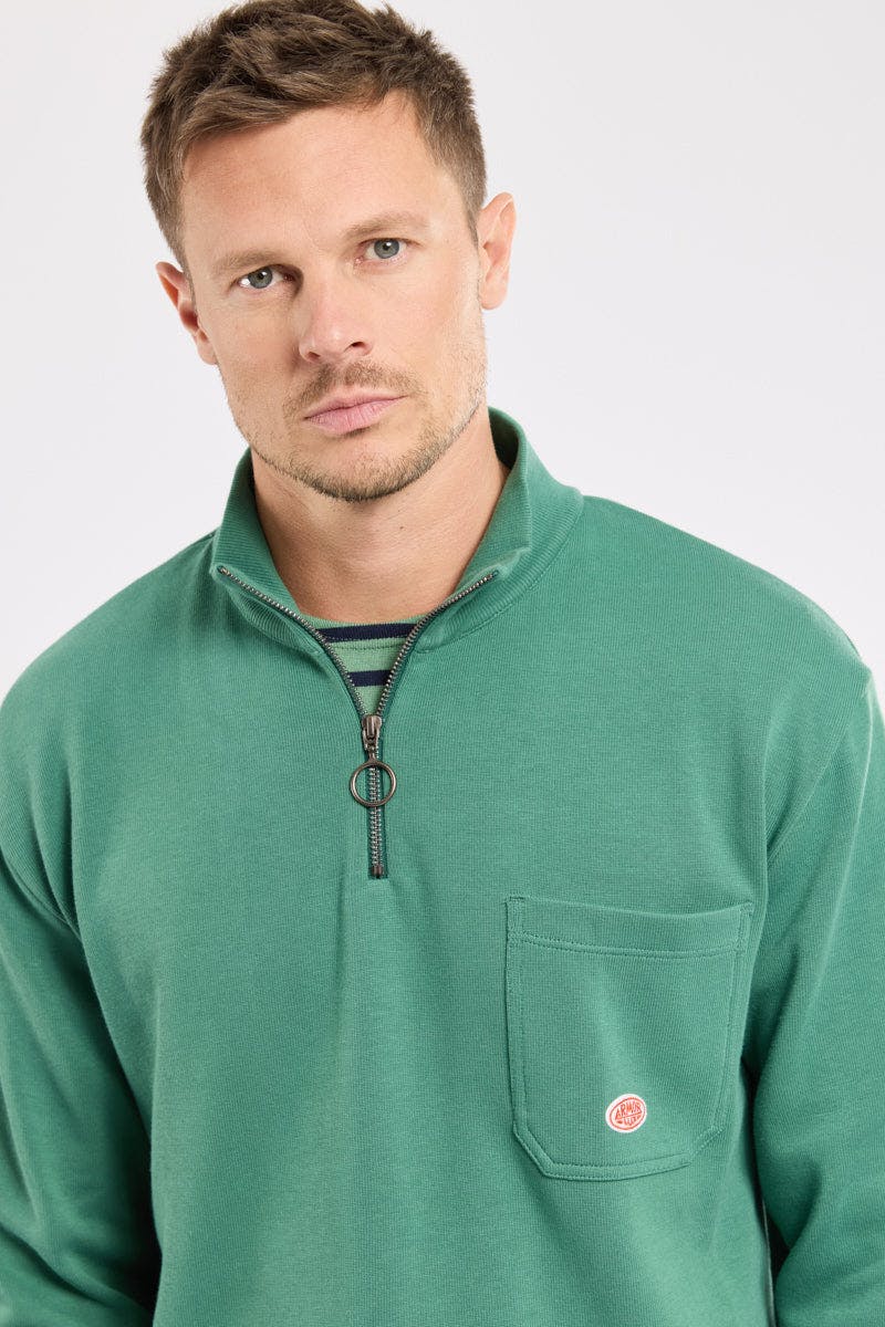 Armor Lux Heritage Cotton Quarter Zip in Dark Ivy Green