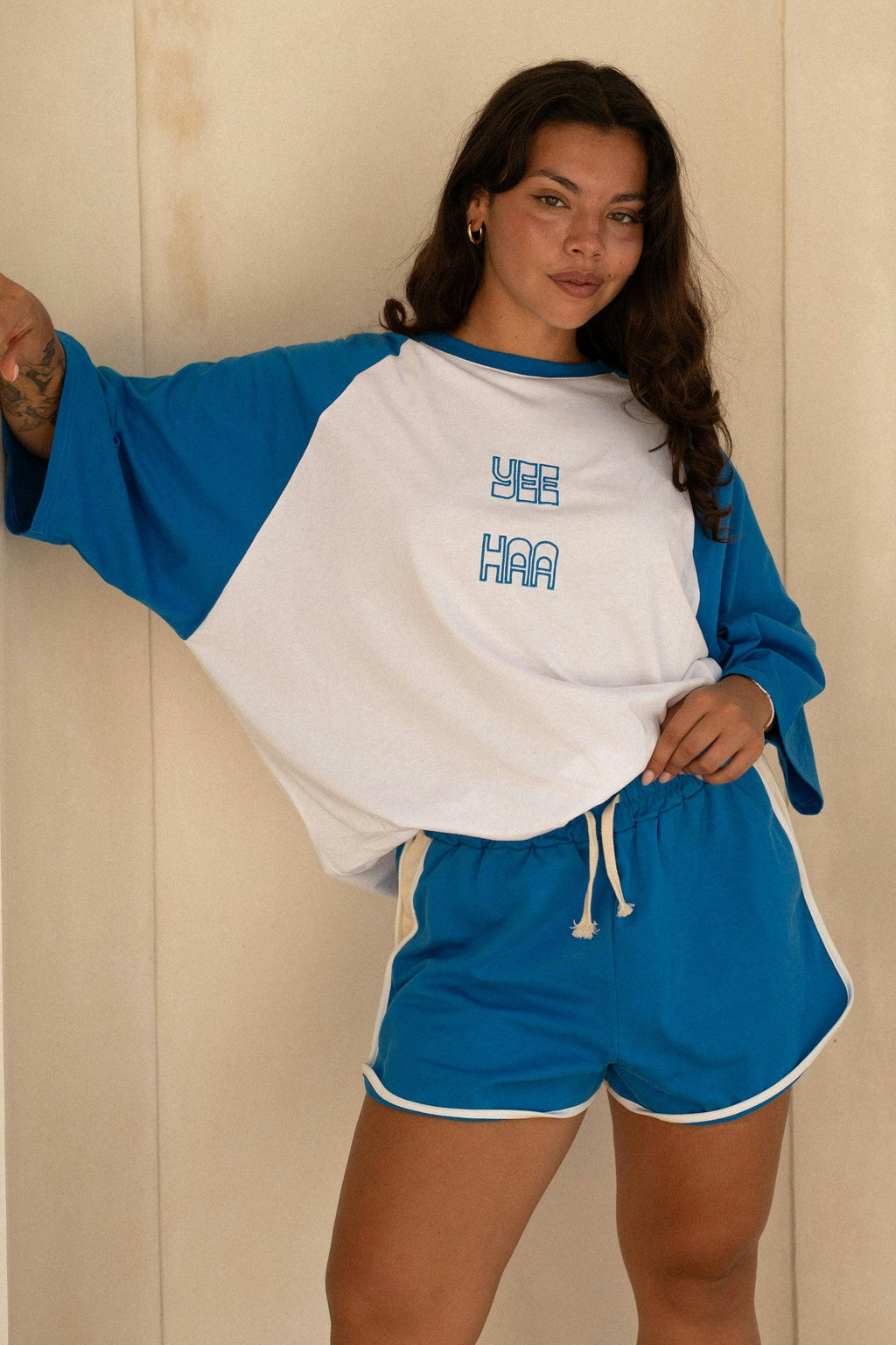 Yee Haa Raglan Tee Shirt - White/Blue