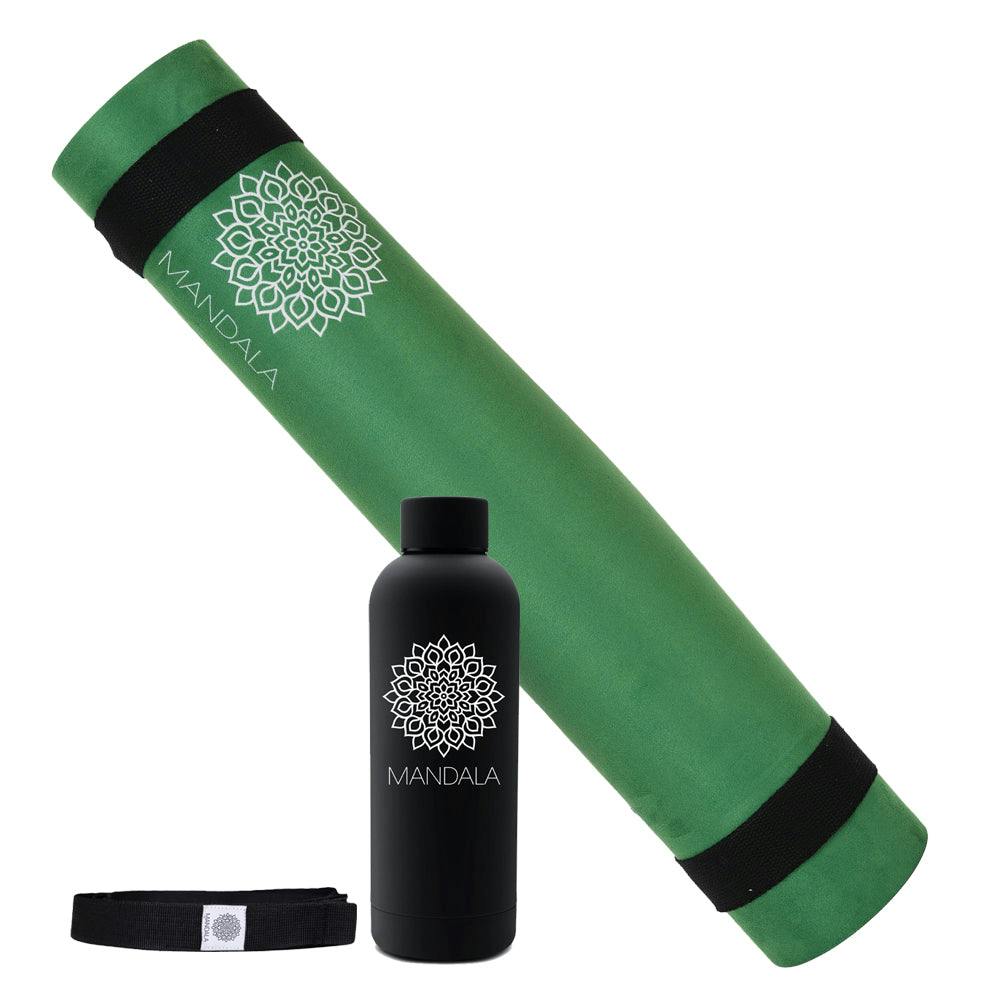 Mandala Yoga Mat Premium Bundle, Includes Yoga Mat 188cm H x 61cm W, Yoga Strap & Steel Hydration Bottle - Jade Green