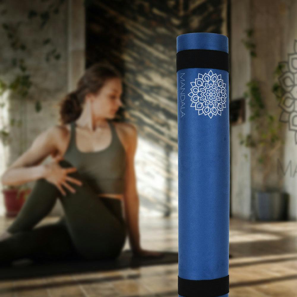 Mandala Yoga Mat Premium Bundle, Includes Yoga Mat 188cm H x 61cm W, Yoga Strap & Steel Hydration Bottle - Midnight Blue