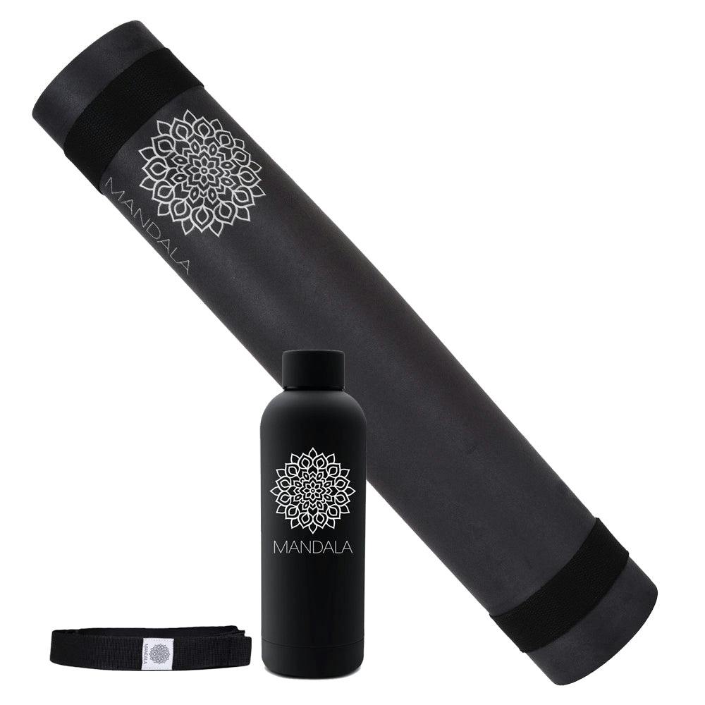 Mandala Yoga Mat Premium Bundle, Includes Yoga Mat 188cm H x 61cm W, Yoga Strap & Steel Hydration Bottle - Black