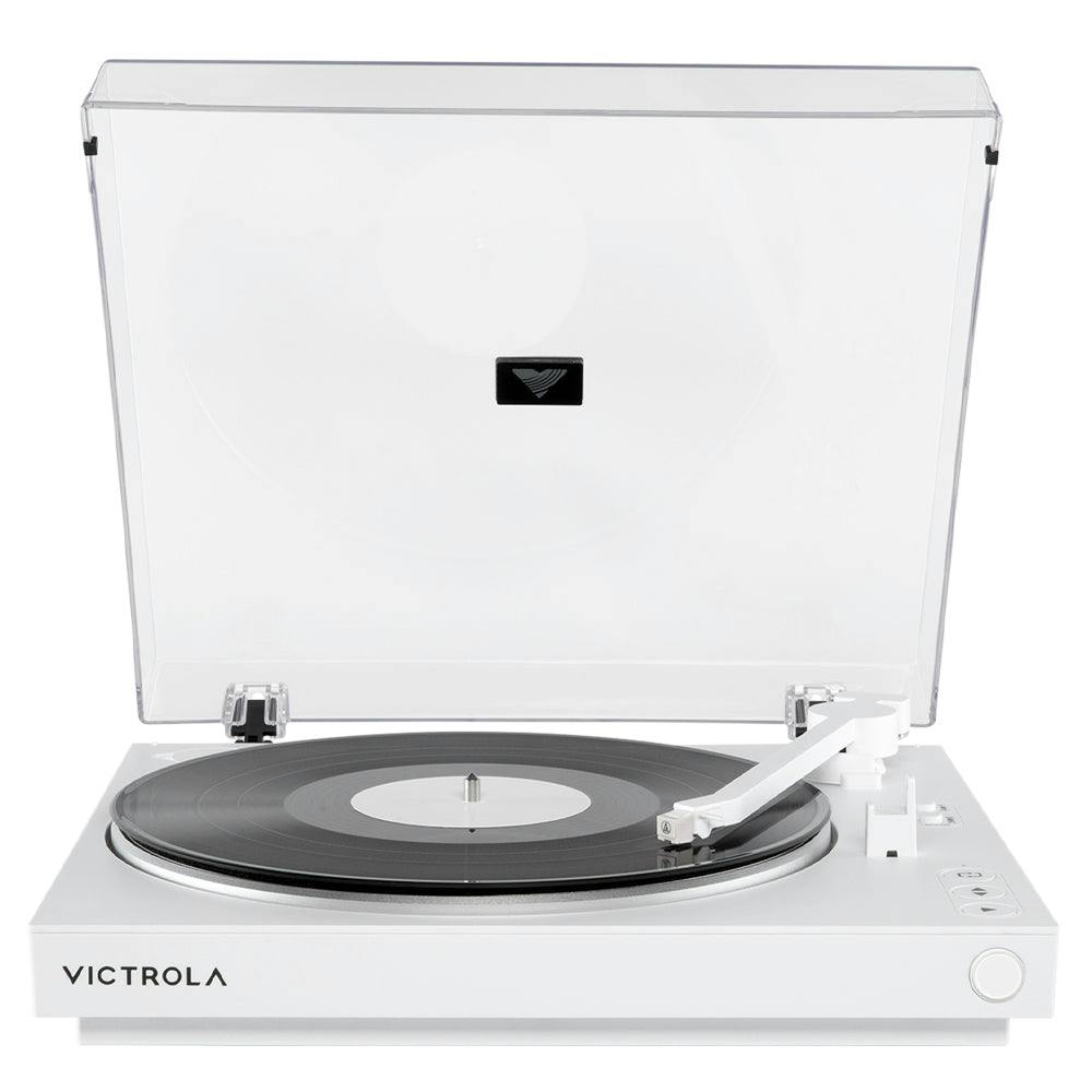 Victrola Automatic Turntable + Victrola Tempo Bookshelf Speakers Bundle - White