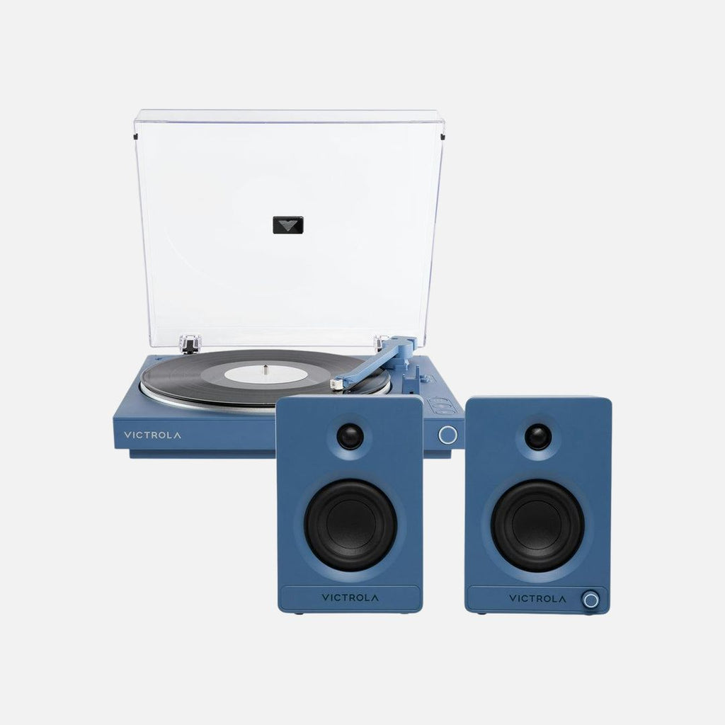 Victrola Automatic Turntable + Victrola Tempo Bookshelf Speakers Bundle - Blue