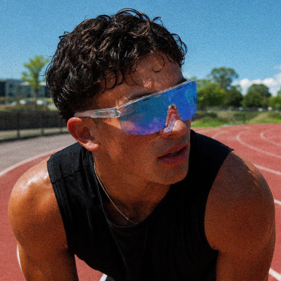 VELOCITY - CLEAR FRAME, GREY LENS WITH BLUE IRIDIUM PLUS VENTING