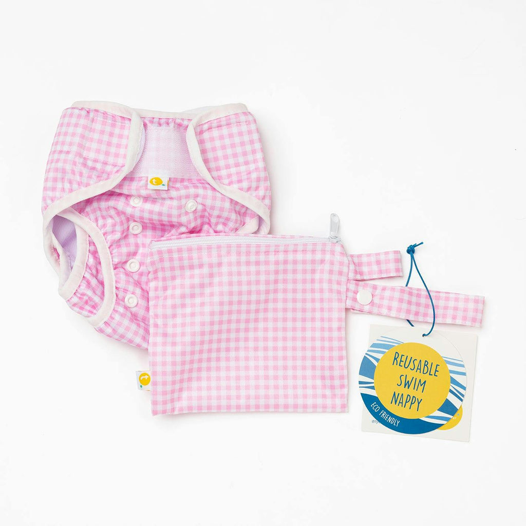 Adjustable Reusable Swim Nappy and Wet Bag - Pink Gingham Check
