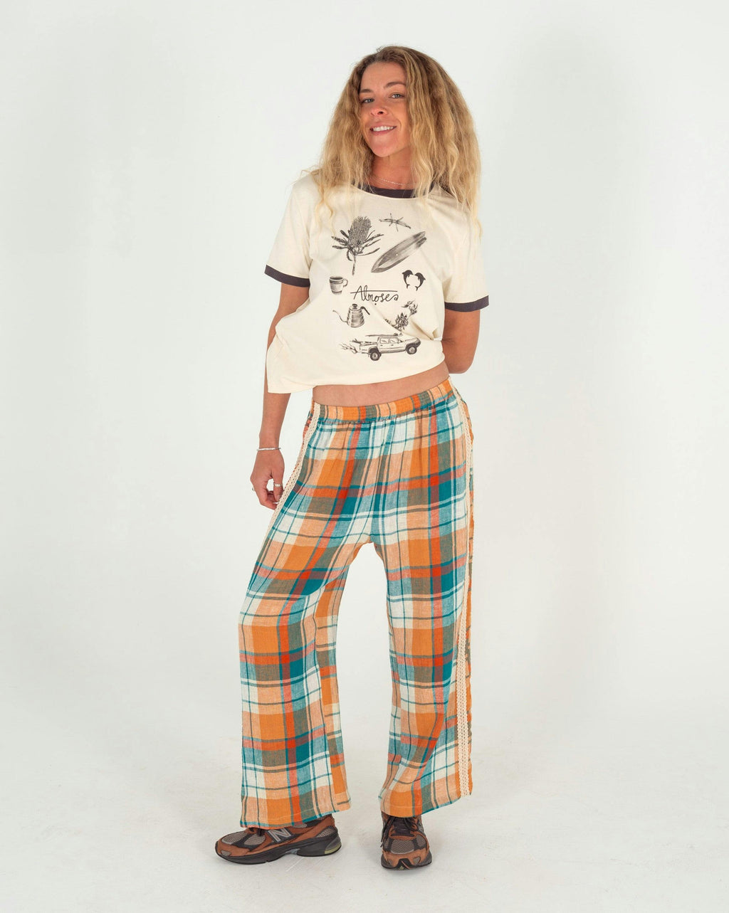 Rozzie Elastic Waist Pant in Citrus/ Teal Check