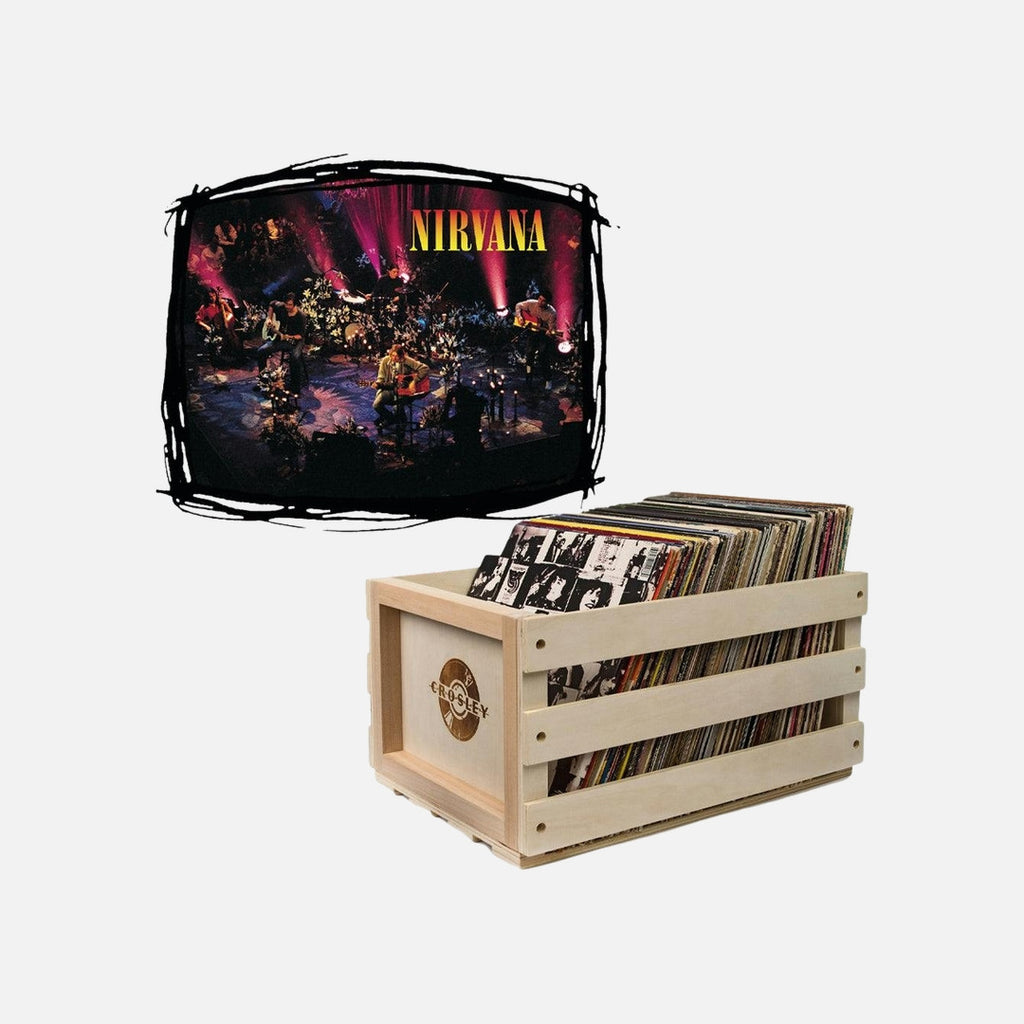 Crosley Record Storage Crate & Nirvana MTV Unplugged Vinyl Album Bundle