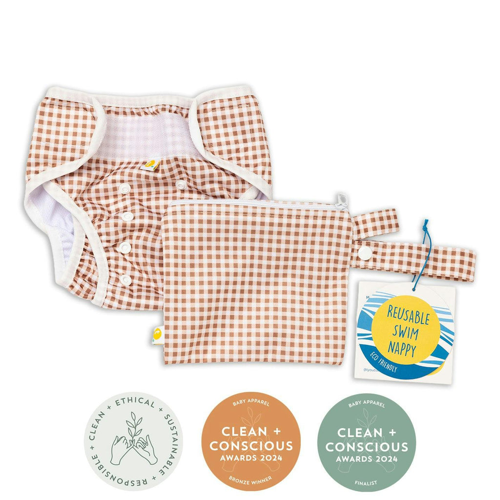 Adjustable Reusable Swim Nappy and Wet Bag - Fawn Gingham Check