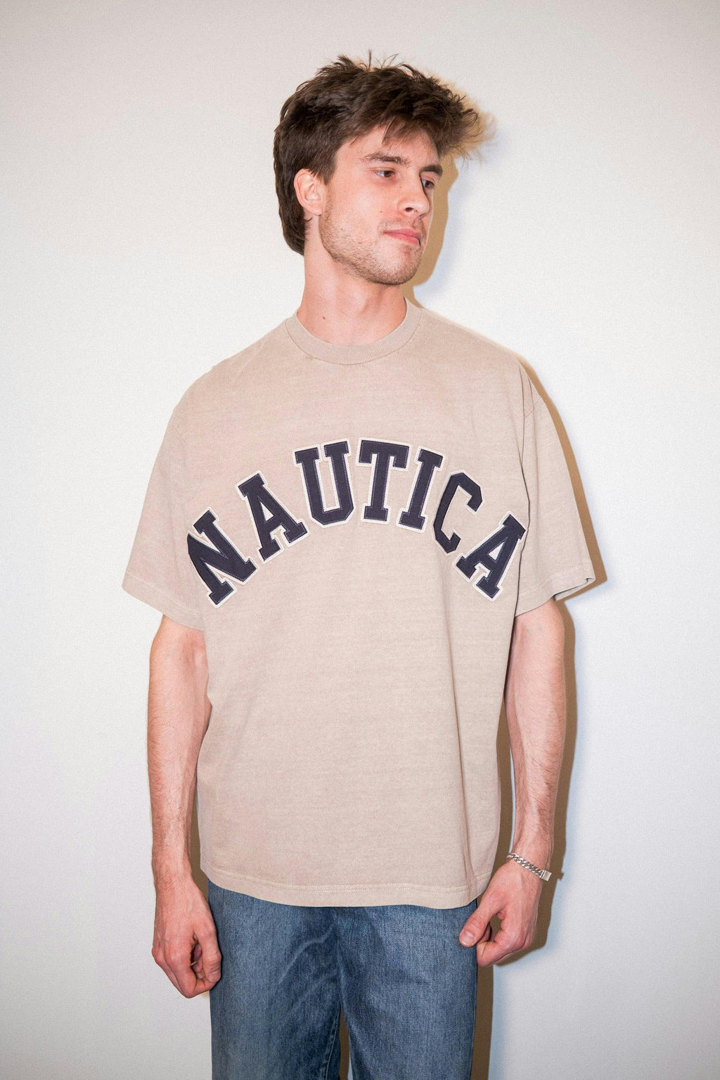 Nautica Japan Arch Logo Pigment Dyed Tee in Beige